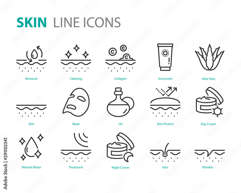 set of skin icons, aloe vera, lotion, moisture, uv