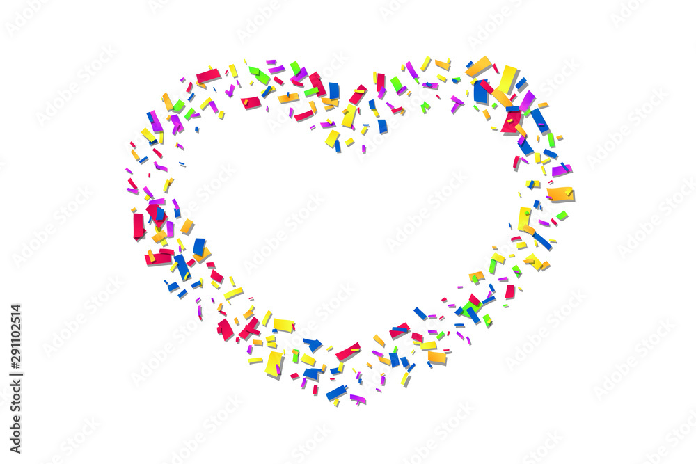 Heart confetti isolated white background. Fall color confetti, heart-shape. Valentine day holiday, romantic wedding border card. Valentines decoration frame. Greeting love design. Vector illustration