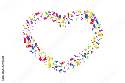 Heart confetti isolated white background. Fall color confetti, heart-shape. Valentine day holiday, romantic wedding border card. Valentines decoration frame. Greeting love design. Vector illustration