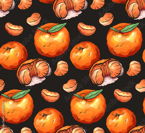 Seamless texture with cartoon orange tangerines with slices on a dark background. Vector pattern for fabrics, backgrounds and your design.