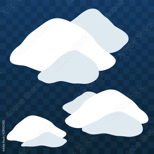 Snow pile set. Ice winter design. White blue design snow template. Snowy decoration isolated transparent background. Contour outline cap. Christmas, New Year frozen ice texture. Vector illustration