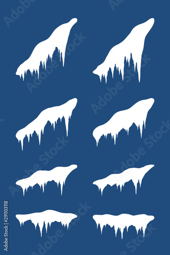 Snow cap ice set. Winter design snowy icicle roof. White snow template. Frame decoration isolated on blue background. Contour outline snow cap. Christmas New Year frozen texture. Vector illustration