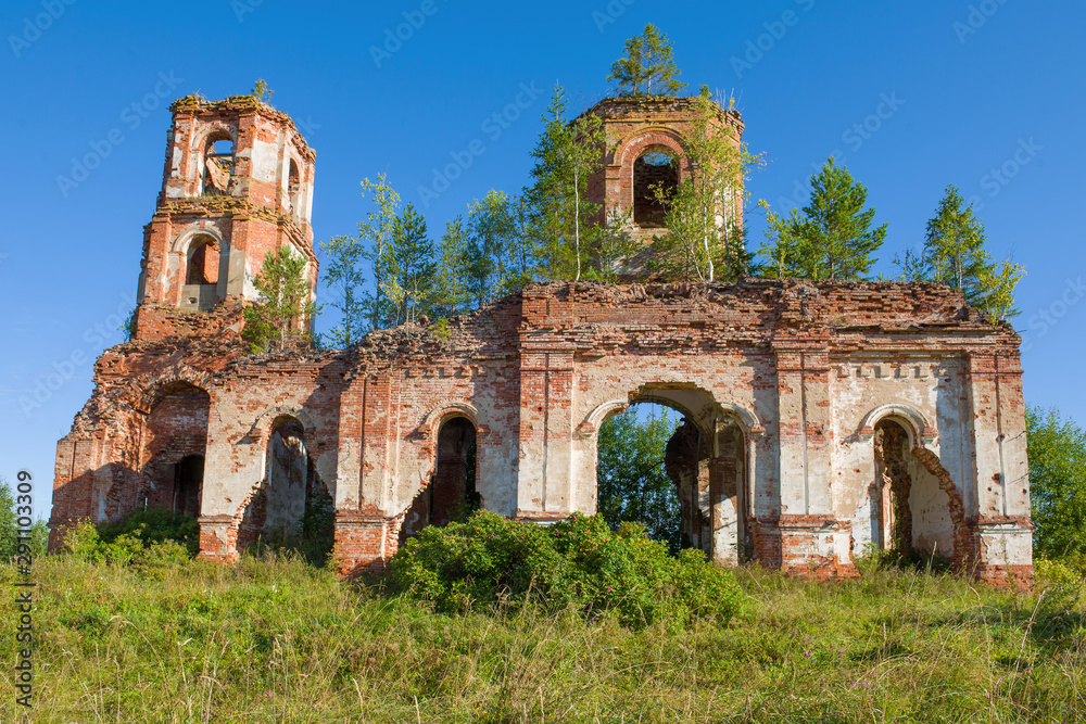 Abandoned old Kazan Church close-up on a sunny August day. The village of Russkie Noviki. Novgorod region, Russia