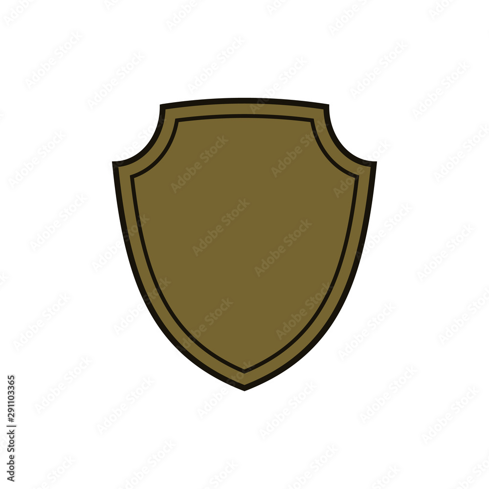 Shield shape gold icon. Simple flat logo on white background. Symbol of security, protection, safety, strong. Element badge for protect design emblem decoration Vector illustration Shield shape gold icon. Simple flat logo on white background. Symbol of security, protection, safety, strong. Element badge for protect design emblem decoration Vector illustration