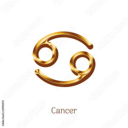 Cancer golden zodiac sign isolated on white background. Luxury star sign for astrology horoscope prediction. Glossy zodiac symbol. Realistic gold design of horoscope constellation vector illustration