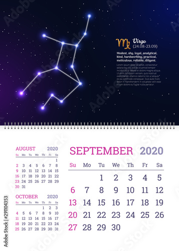 Wall calendar for September 2020 year with virgo zodiac constellation.  Virgo star sign and dates of birth on deep space background. Astrology  horoscope and unique personality trait vector illustration  Stock-Vektorgrafik | Adobe