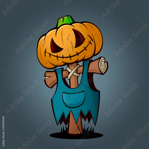 RGB Cartoon scarecrow Halloween. Halloween Pumpkin Head. In a torn overalls. Jack-o-lantern. Vector illustration.сток