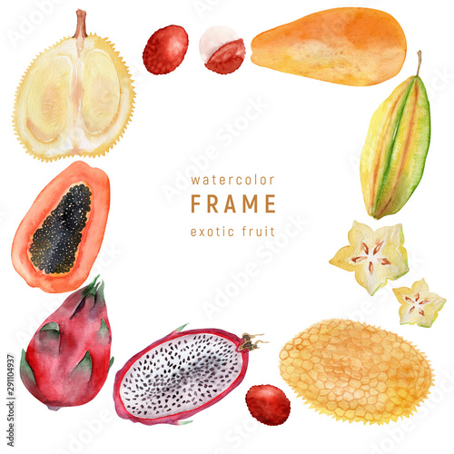 Watercolor backgrounds and frames Bright exotic fruits