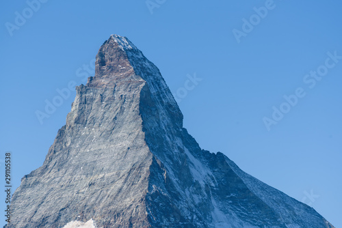 Close-up of the peak from the mountain Matterhorn  Zermatt  Valais  Switzerland  on a perfect summer day  no clouds  blue sky