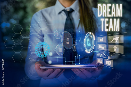Writing note showing Dream Team. Business concept for Prefered unit or group that make the best out of a demonstrating Woman wear formal work suit presenting presentation using smart device
