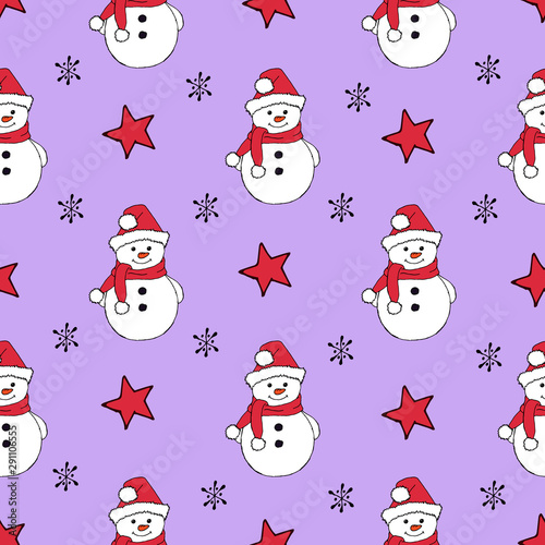 Christmas seamless pattern with snowman  fir trees and snowflakes. Perfect for wallpaper  wrapping paper  pattern fills  winter greetings  web page background