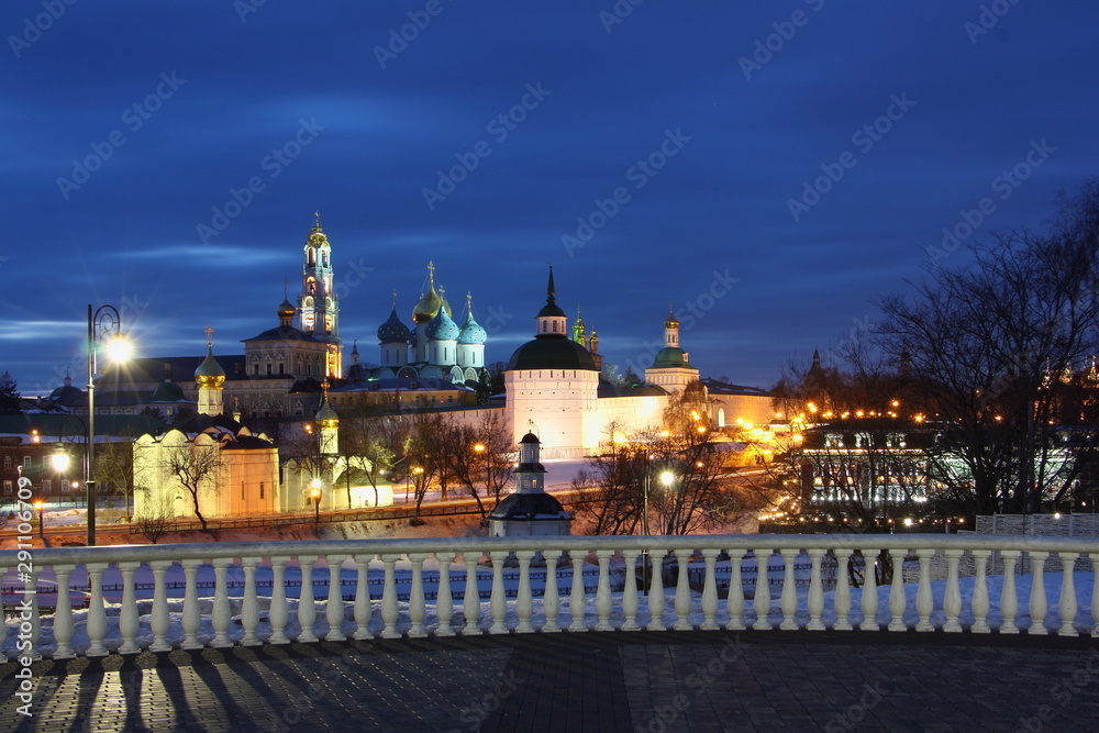 Sergiev Posad Moscow area, famous Troitse Sergieva lavra church and observation deck fence in winter night view, landmark of Russian Golden Ring