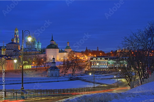 Sergiev Posad Moscow area, Troitse Sergieva lavra church in winter evening view from observation deck