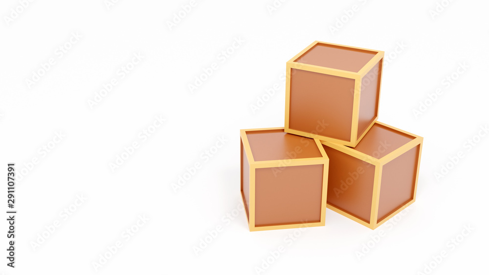 Three simple small brown square crates / boxes stacked isolated on white - render. Surprise box game mechanics, product delivery or safe item storage abstract concept. Can be used as symbol or icon