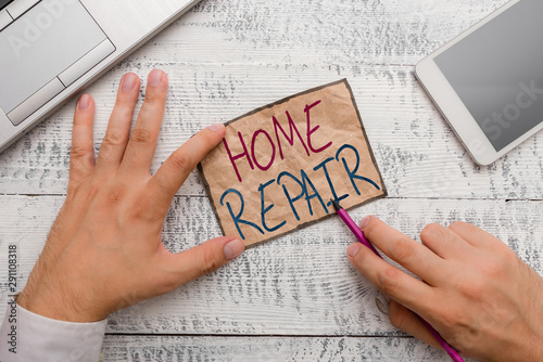 Text sign showing Home Repair. Business photo showcasing maintenance or improving your own house by yourself using tools photo