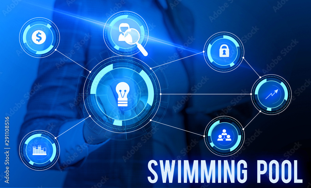 Conceptual hand writing showing Swimming Pool. Concept meaning Structure designed to hold water for leisure activities Woman wear work suit presenting presentation smart device Conceptual hand writing showing Swimming Pool. Concept meaning Structure designed to hold water for leisure activities Woman wear work suit presenting presentation smart device