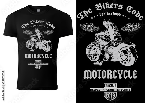 Black T-shirt Design with Motorcyclist and Inscriptions - Graphic Design for Printmaking T-shirt or Poster and etc., Vector