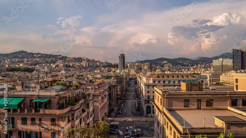 Aerial View of Genoa Skyline, Italy, Lantern Landmark, Liguria, Old Town cityscape hyperlapse photo