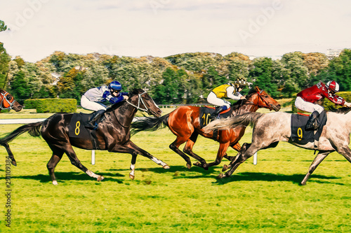 Horse race riding sport jockeys competition horses running watercolor painting illustration