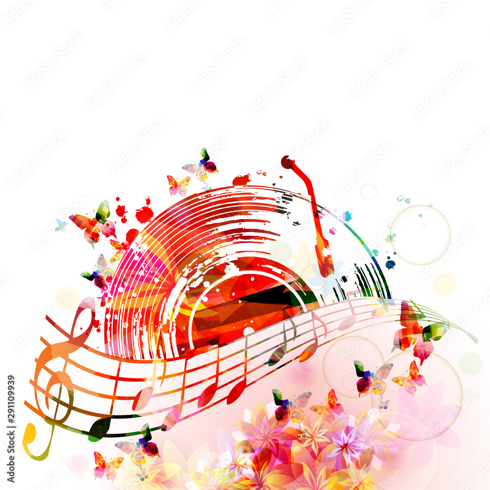 Fototapeta premium Colorful music background with music notes and vinyl record disc isolated vector illustration design. Artistic music festival poster, events, party flyer, music notes signs and symbols 