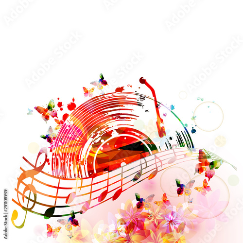 Colorful music background with music notes and vinyl record disc isolated vector illustration design. Artistic music festival poster, events, party flyer, music notes signs and symbols 