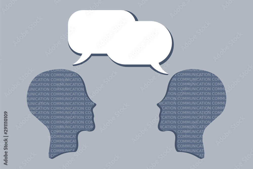 Interpersonal communication. Two heads representing people communicate through speech bubbles. Talk, chat, conversation, meeting, discuss, listening, psychotherapy, concept. Blue background. Vector