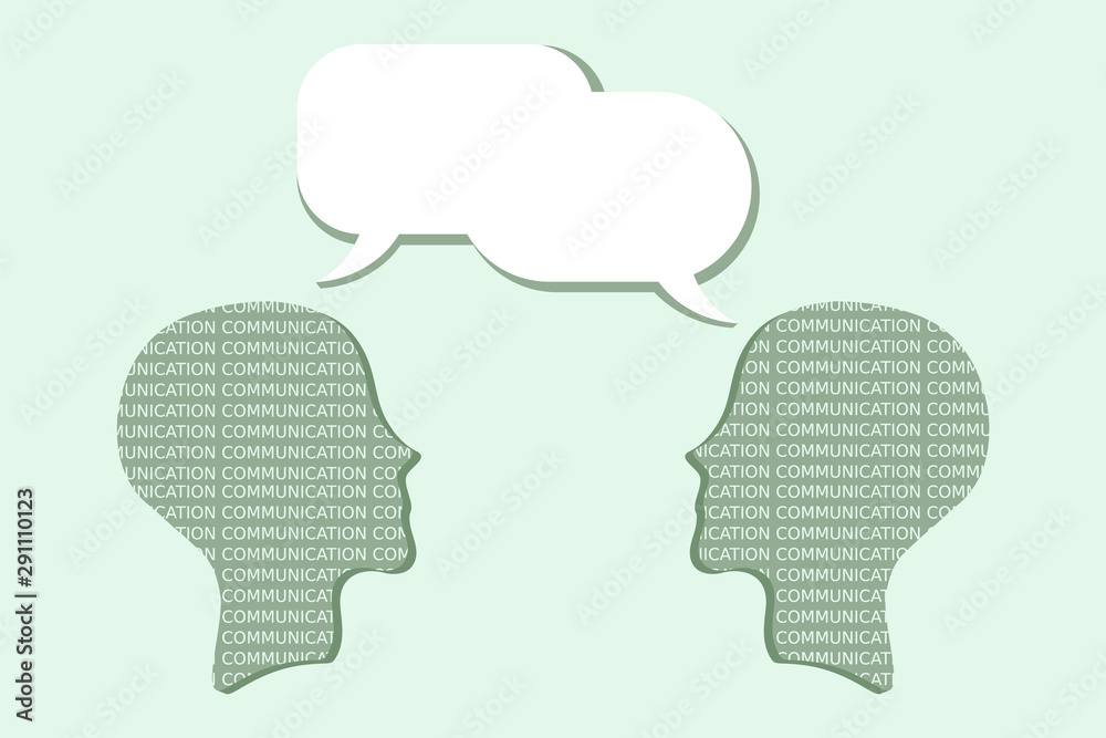 Face to face communication. Two heads representing people communicate through speech baloons. Talk, chat, conversation, meeting, discuss, listening, psychotherapy, concept. Green background. Vector Face to face communication. Two heads representing people communicate through speech baloons. Talk, chat, conversation, meeting, discuss, listening, psychotherapy, concept. Green background. Vector