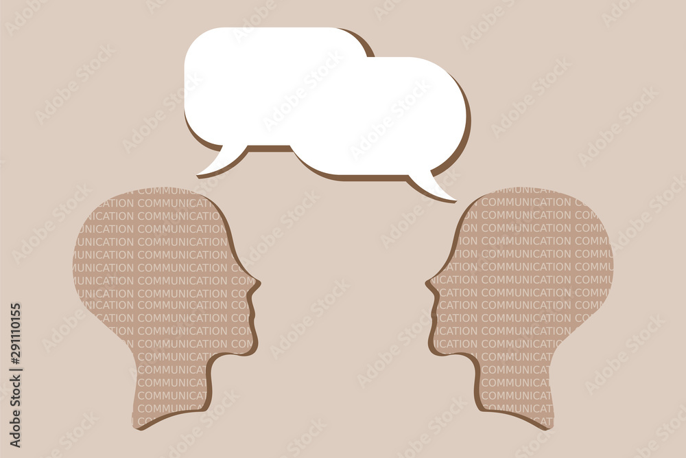 Interpersonal communication, dialog. Two heads representing people communicate through speech bubbles. Talk, chat, conversation, meeting, arguing, listening, psychotherapy, concept. Beige background