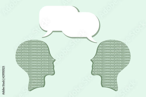 Face to face communication. Two heads representing people communicate through speech baloons. Talk, chat, conversation, meeting, discuss, listening, psychotherapy, concept. Green background. Vector