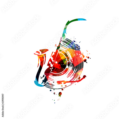 Colorful music background with saxophone and vinyl record disc isolated vector illustration design. Artistic music festival poster with sax, music events, party flyer 