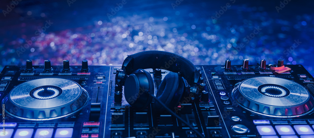 Club Concert Party Musical EDM Sound on Stage Show DJ . Bokeh Blur Background.  - obrazy, fototapety, plakaty 