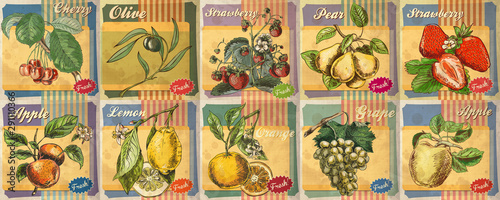 Set of hand drawn fresh fruits illustration for retro poster. Apple, lemon, strawberry, peach.