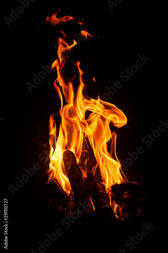 Bright fire. Tongues of flame. Photo background with fire. Firewood burns in the dark.