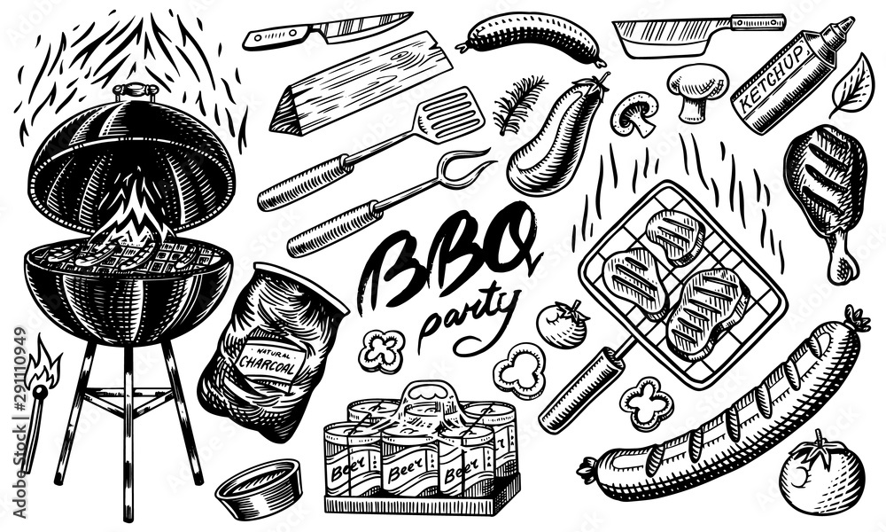 Barbecue set in vintage style. Drawn by hand. Bbq ingredients. Hot ...