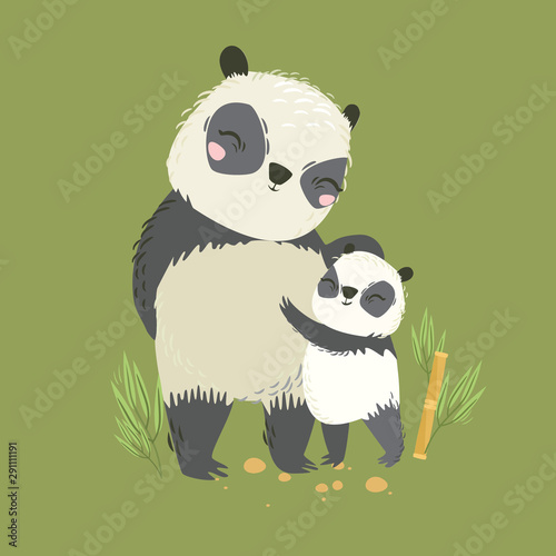 Vector illustration of animals. Big panda mom and baby. Lovely hug. Mother s love. Wild bear