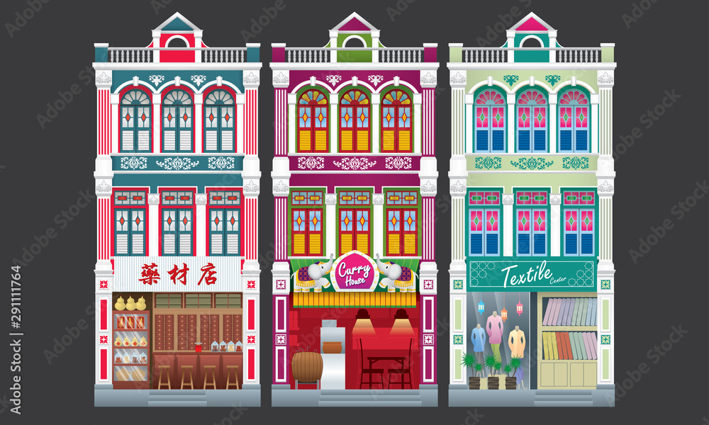 Colorful and historical colonial style three storey shophouse. Isolated ...