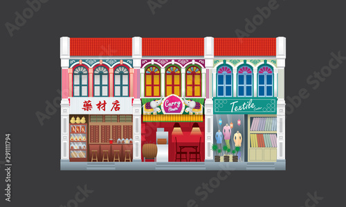 Colorful and historical colonial style double storey shophouse. Linked. Caption  traditional herbal shop  left . 