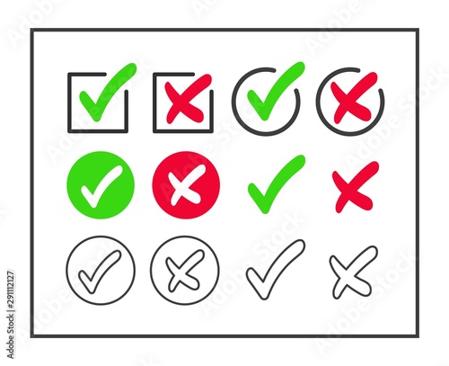 Vector checkmark and cross icon set isolated on white background. Green tick and red cross. Yes or no.