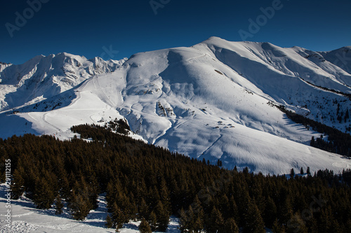 Aerial view of the ski resort Saint Gervais des Bains  near Mont Blanc.