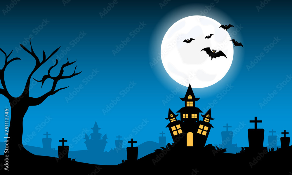 Halloween background with bat at night with dark moon on night sky, for  Halloween concept, illustration painting. Stock Vector | Adobe Stock