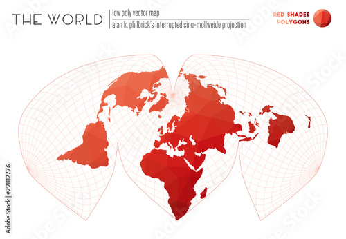 World map with vibrant triangles. Alan K. Philbrick's interrupted sinu-Mollweide projection of the world. Red shades colored polygons. Neat vector illustration.