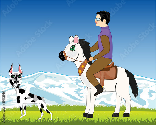 Man goes on horse on glade and dog