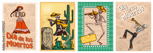 Day of the Dead Posters on a colored background. Skeletons dance and play musical instruments. In Spanish Dia De Los Muertos. Religious holiday with happy skulls. Hand drawn engraved banner Set.
