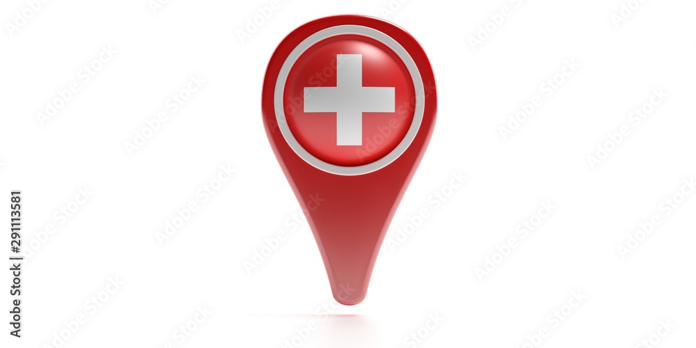 Cross icon on a red color map pointer isolated against white background. 3d illustration Cross icon on a red color map pointer isolated against white background. 3d illustration