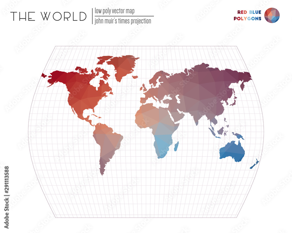 Fototapeta premium World map with vibrant triangles. John Muir's Times projection of the world. Red and blue colored polygons. Creative vector illustration.