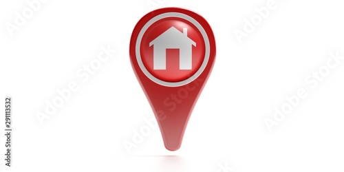 Houme icon on a red color map marker isolated against white background. 3d illustration photo