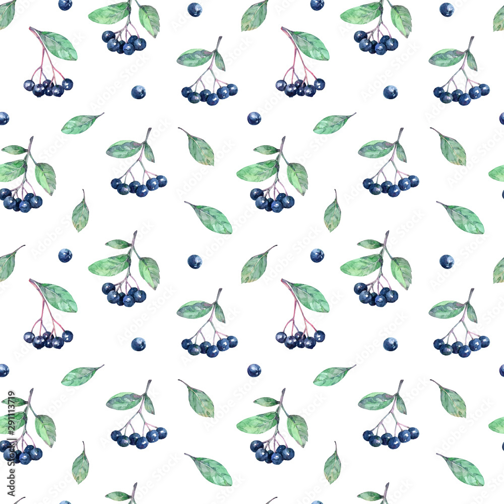 Watercolor seamless pattern with  chokeberries(aronia), leaves and branches.