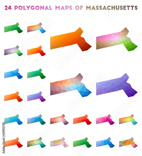 Set of vector polygonal maps of Massachusetts. Bright gradient map of us state in low poly style. Multicolored Massachusetts map in geometric style for your infographics.