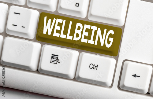 Conceptual hand writing showing Wellbeing. Concept meaning A good or satisfactory condition of existence including health White pc keyboard with note paper above the white background