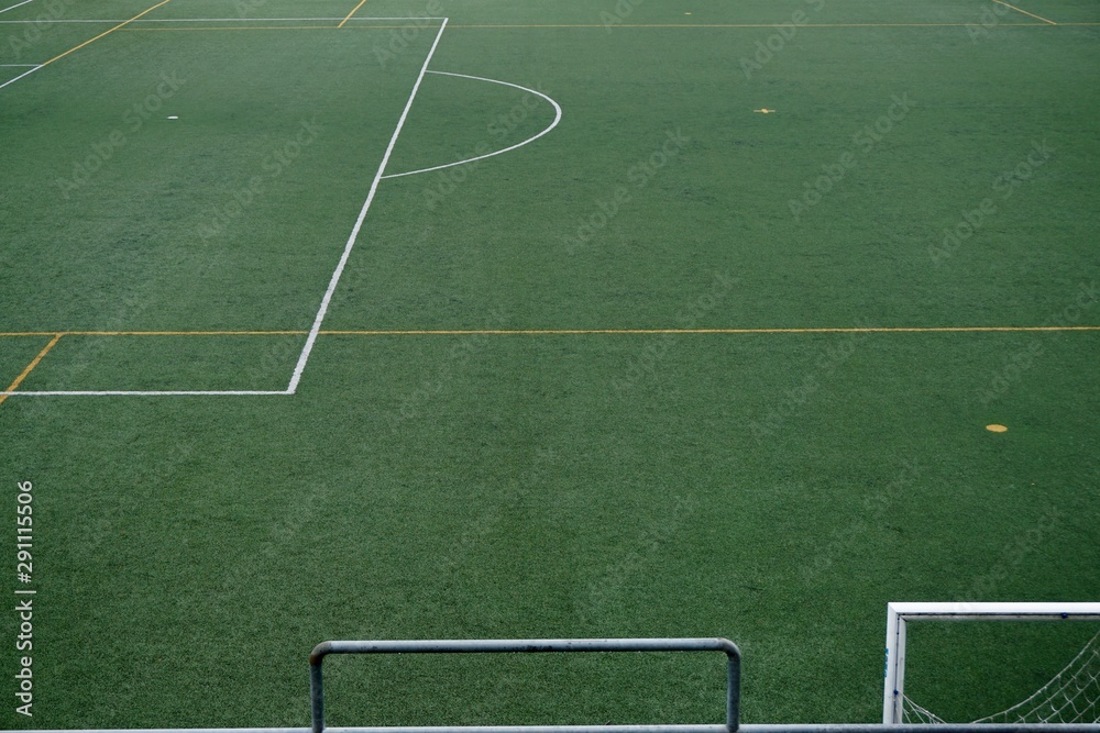 empty soccer field, green grass int he stadium